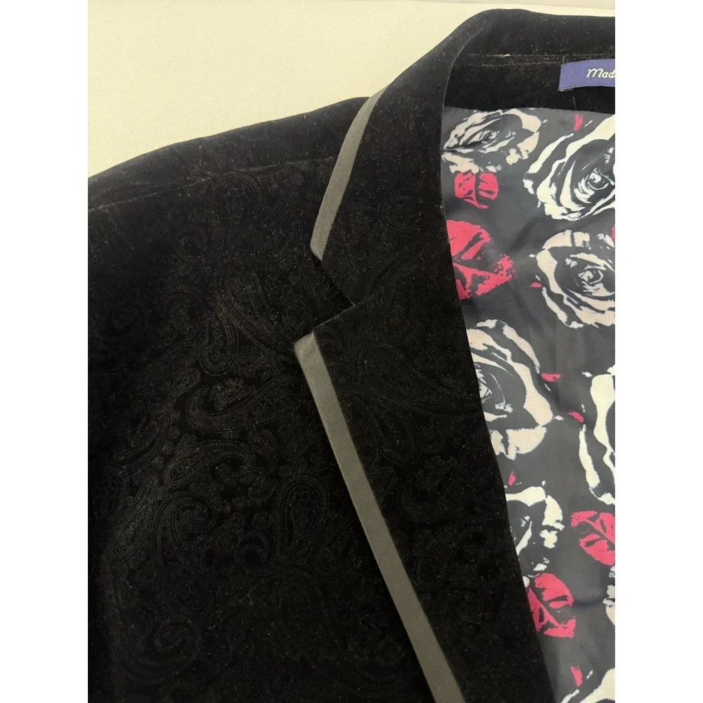 Alan Flusser Mens 48R Black Paisley Velvet Tuxedo Blazer Floral Lined *FLAW